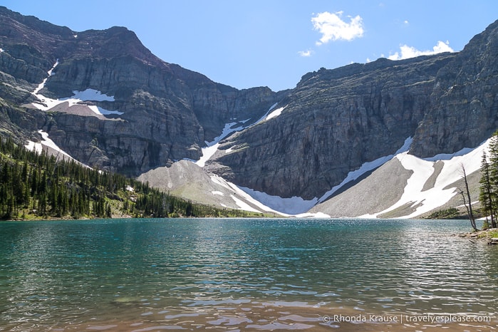 Crypt Lake bordered by mountains.