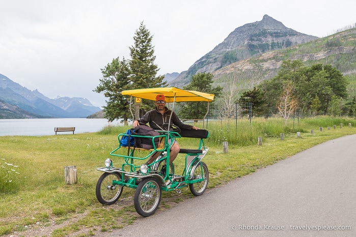 Surrey bike with Upper Waterton Lake in the background.