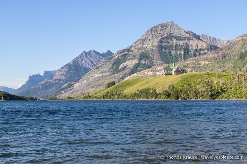 Prince of Wales Hotel, mountains, and Middle Waterton Lake.