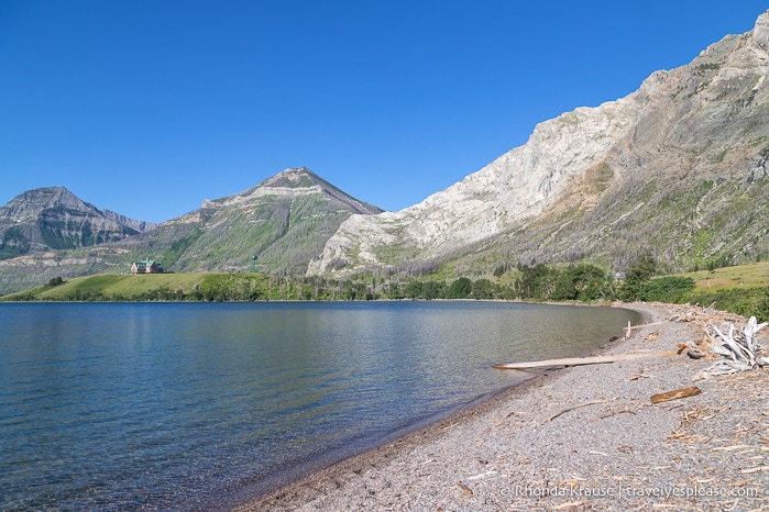 Driftwood Beach with a backdrop of mountains.