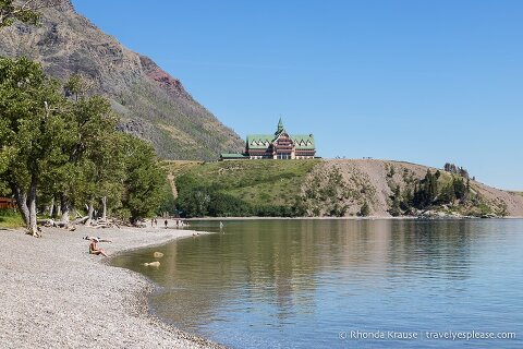 Beach, Prince of Wales Hotel and Upper Waterton Lake.