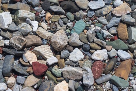 Colourful rocks in Upper Waterton Lake.