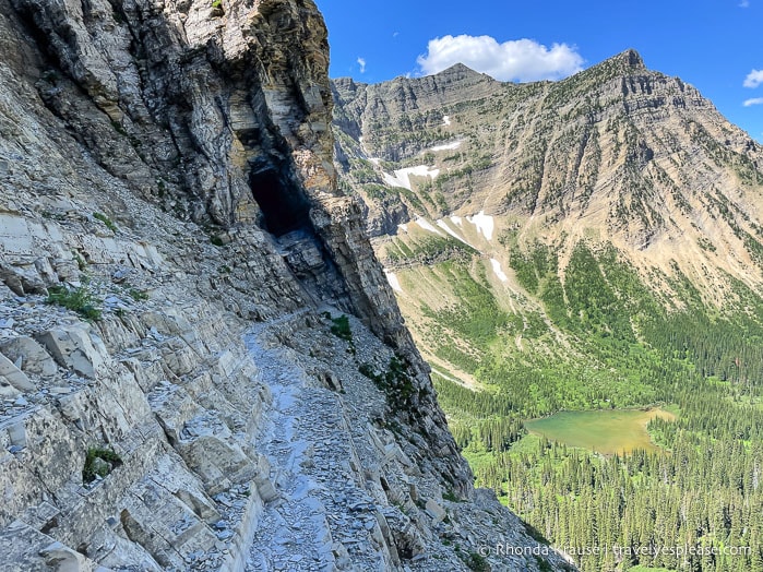 Cliff traverse leading towards the tunnel on Crypt Lake Trail.