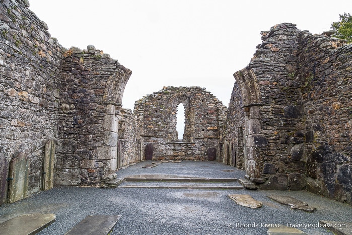 Grave slabs inside the ruined cathedral at Glendalough.