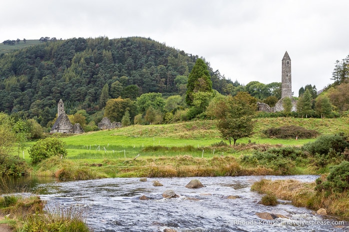 Stream in front of the ruins at Glendalough.