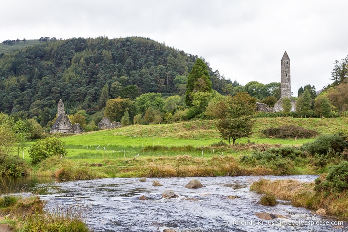 Stream in front of the ruins at Glendalough.