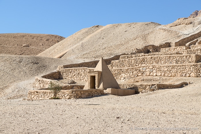 Small pyramid in front of hills at Deir-el-Medina.