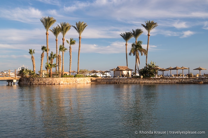 Water and palm trees at a beach resort in Hurghada.