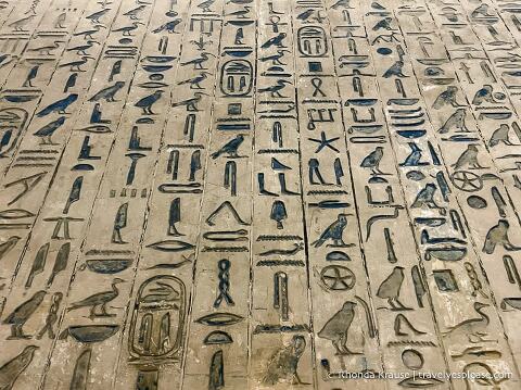 Hieroglyphics on a tomb wall in Saqqara.