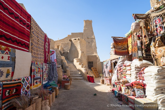 Bazaar with blankets for sale.