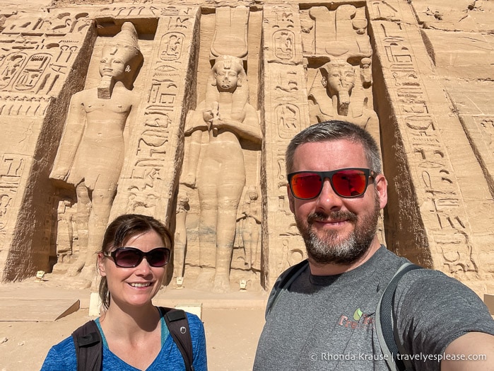 Couple in front of the small temple at Abu Simbel.