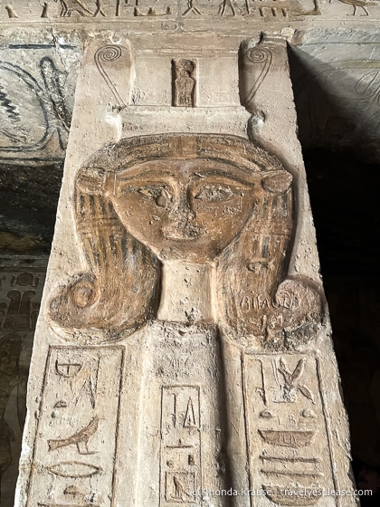 Column decorated with an image of Hathor inside the Temple of Hathor and Nefertari at Abu Simbel. 