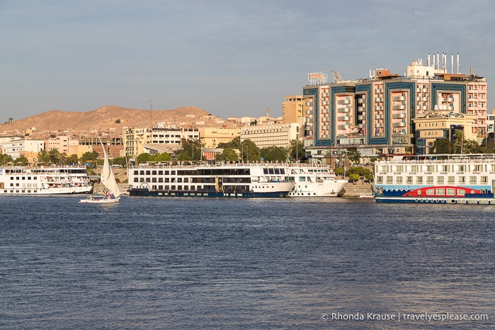 Boats on the Nile docked in Aswan.