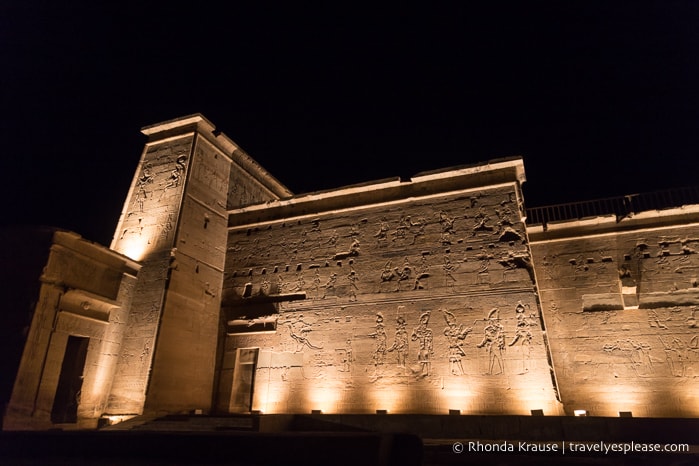 Philae Temple illuminated at night.