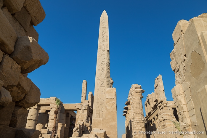 Obelisk towering over the ruins at Karnak Temple.