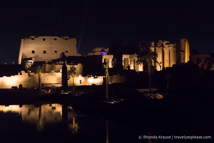 Karnak Temple illuminated at night.