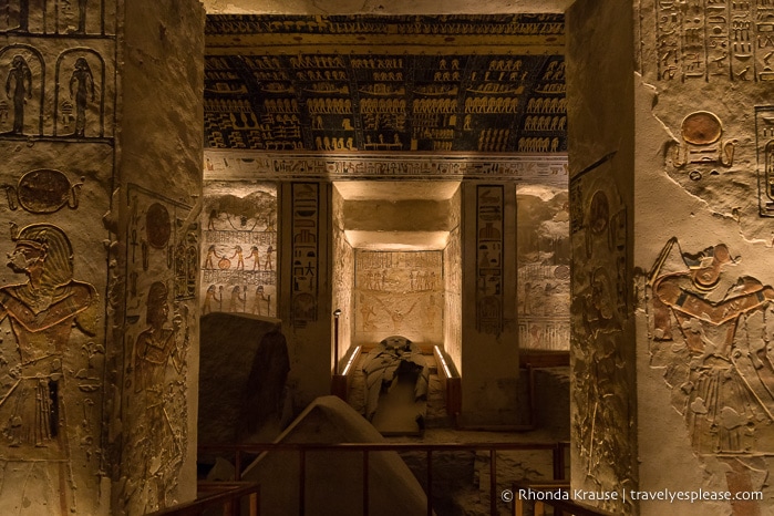 Inside the tomb of Ramesses V/VI in the Valley of the Kings, which is one of the best places to visit in Egypt and should be included on an Egypt itinerary.