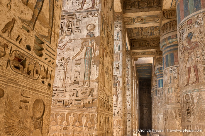 Inscribed columns inside a temple at Medinet Habu.