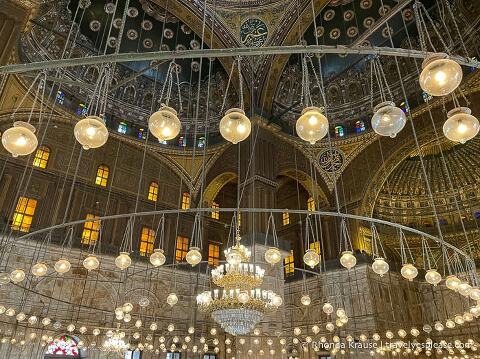 Chandelier and golden domes inside the mosque of Muhammad Ali.