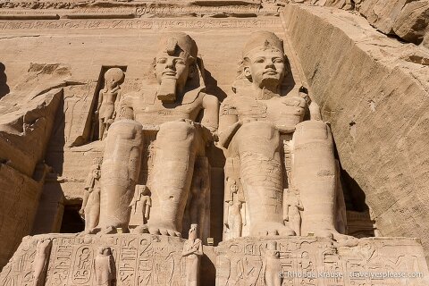 Giant carved statues on the facade of the Great Temple at Abu Simbel, another must see when visiting Egypt for the first time.
