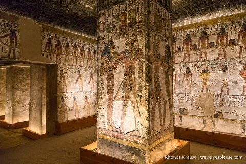 Decorated wall and pillar inside the Tomb of Seti the First.