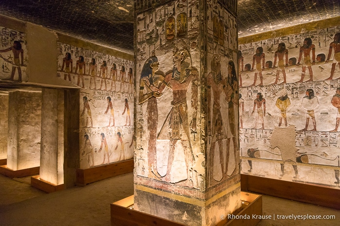 Decorated wall and pillar inside the Tomb of Seti the First.