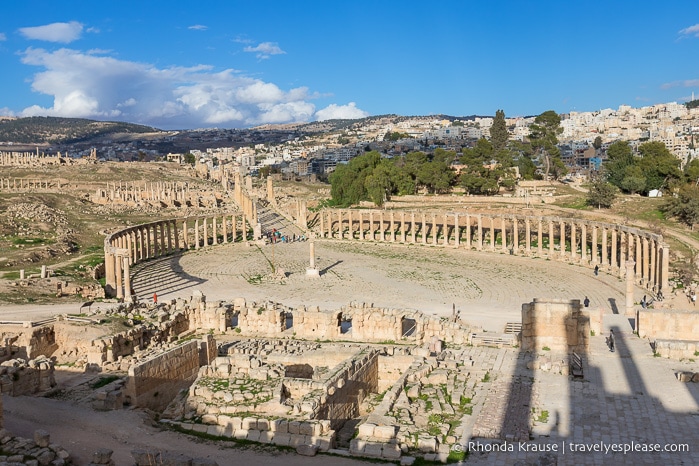 The oval-shaped, colonnaded forum at Jerash is a must see on a trip to Jordan.