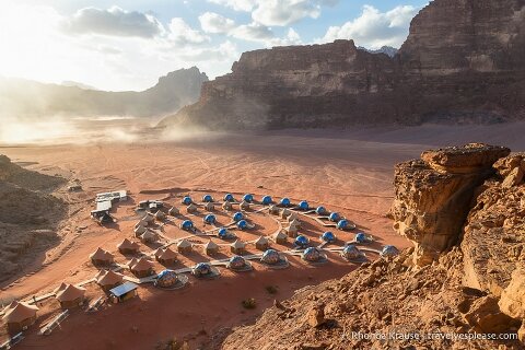 Overlooking a camp in Wadi Rum from the rocky hills.