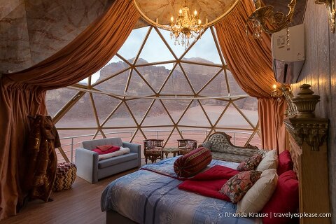 Glamping in Wadi Rum in a luxurious dome tent, one of the highlights of a trip to Jordan.