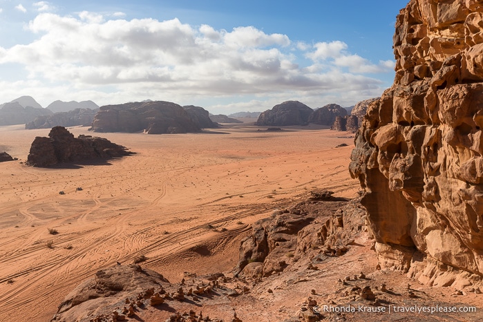 Rock formations and red sand in Wadi Rum.