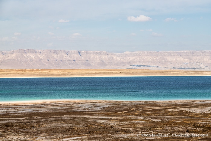 The Dead Sea and its shoreline seen while on a Jordan road trip.