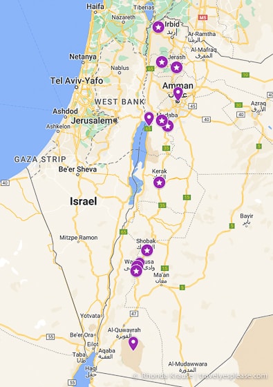 Map of places to visit on a Jordan road trip.