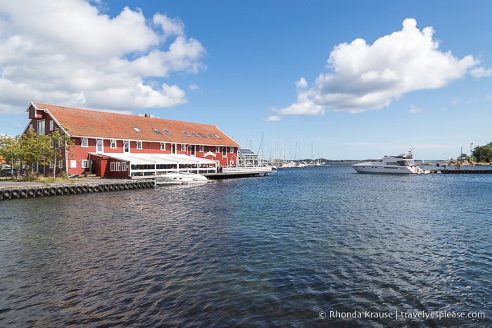 Red building on the waterfront in Kristiansand.