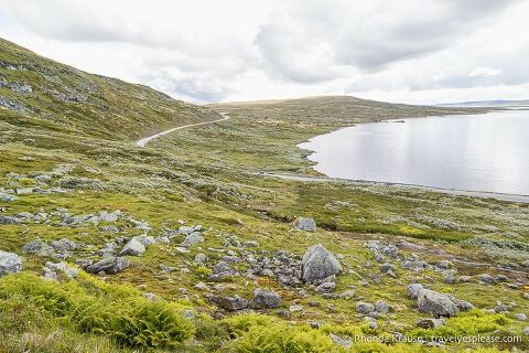 Road, lake, and barren landscape in Hardangervidda.