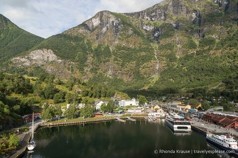 Mountains overlooking the harbour in Flam, one of the must-visit cruise ports in Norway. 