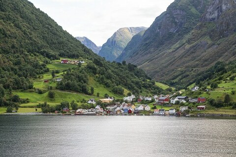 Colourful village nestled in a valley in Sognefjord, Norway.