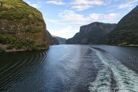 View from of the back of the ship while cruising down Sognefjord.