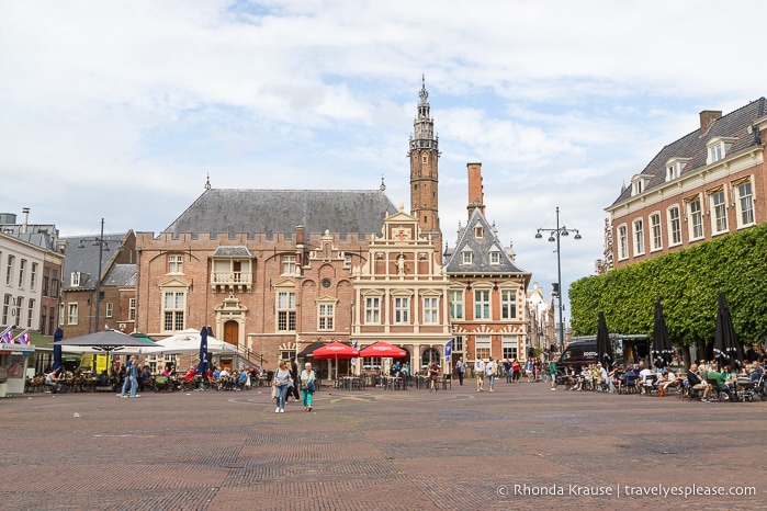 Old buildings in the town square of Haarlem.