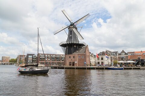 Riverside wooden windmill in Haarlem.