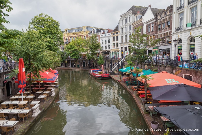 Cafe tables along the canal in Utrecht.