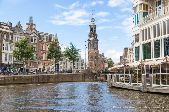 Buildings seen during a canal cruise in Amsterdam.