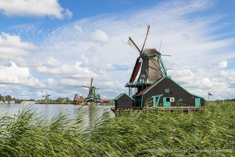 Windmills along the river at Zaanse Schans.