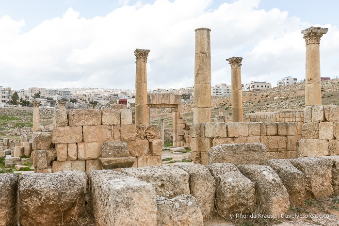 Ruined stone wall and columns at Jerash.