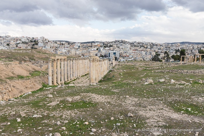 Ruins backed by the city of Jerash.