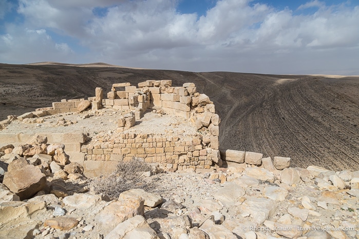 Ruins of Shobak Castle backed by hills.