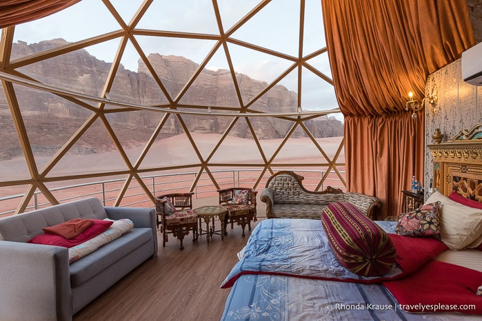 Inside a dome tent at Memories Aicha Luxury Camp in Wadi Rum.