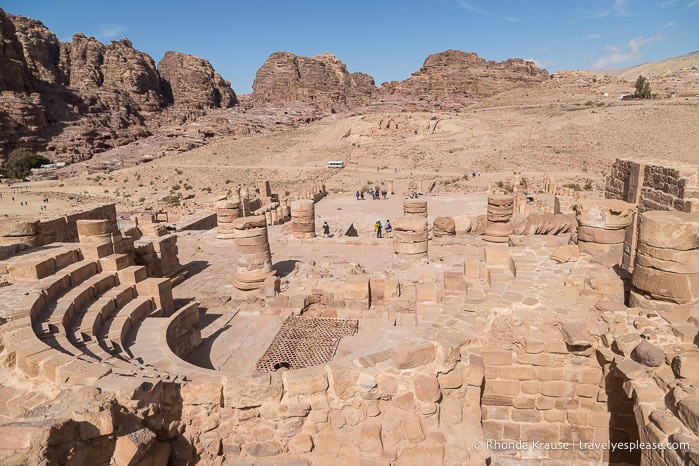 Theatre in Petra backed by hills.