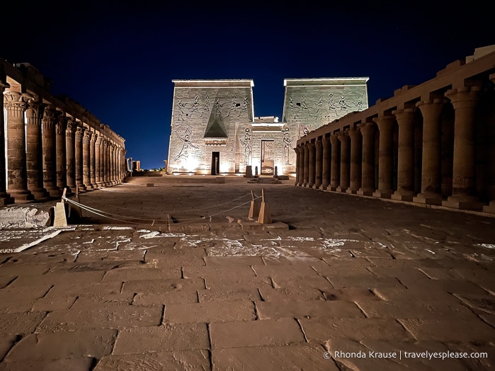 Pylon and colonnade lit up during the Philae Temple Sound and Light Show.