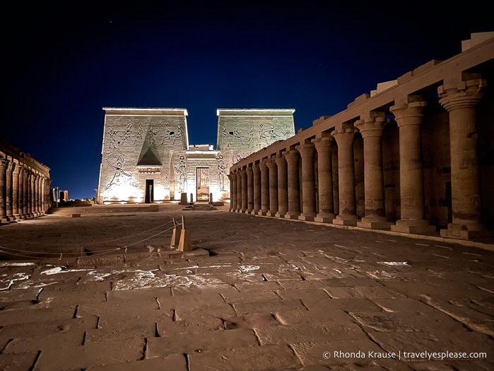Pylon and colonnade lit up during the Philae Temple Sound and Light Show.