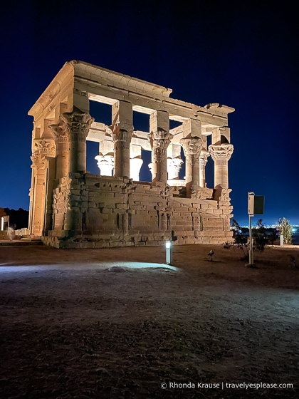 Trajan's Kiosk lit up at night during the Philae Temple Sound and Light Show.